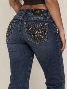 Miss Me Y2K Low Rise Jeans 28 Fleur de Lis Rhinestone Studded Bling Straight